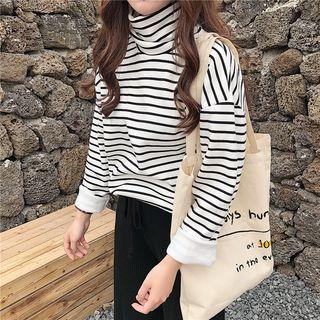 Fleece-lined Turtleneck Striped Long-sleeve Top
