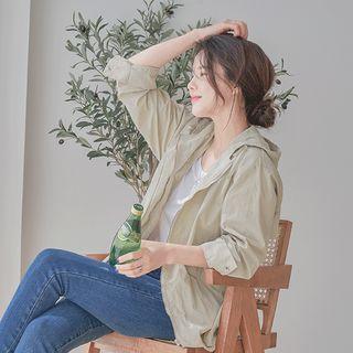 Gathered-waist Zip-up Hooded Jacket