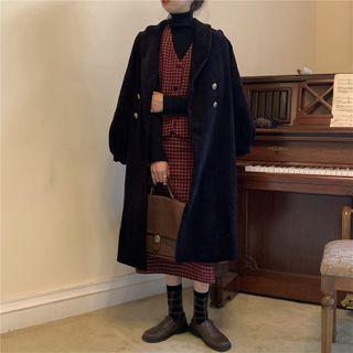 Button-up Checker Vest / Slited Midi Skirt / Double-breasted Coat