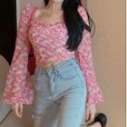 Long-sleeve Floral Crop Top Floral - Pink - One Size
