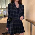 Plaid Double Breasted Cropped Blazer / A-line Mini Pleated Skirt