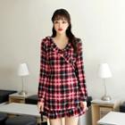 Wrap-front Frill-trim Plaid Minidress