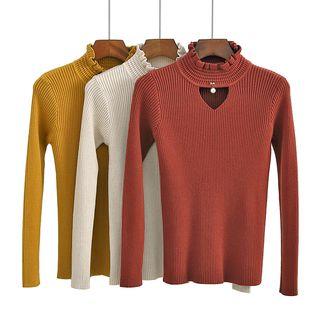 Long-sleeve Ruffled Cutout Knit Top