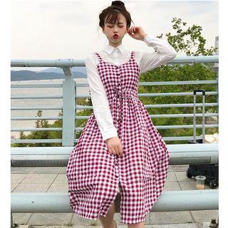 Plain Shirt / Plaid Strappy A-line Dress