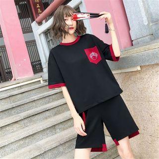 Elbow-sleeve Two-tone T-shirt / Shorts / Set