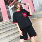 Elbow-sleeve Two-tone T-shirt / Shorts / Set