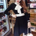 Tie-neck Long-sleeve A-line Knit Dress