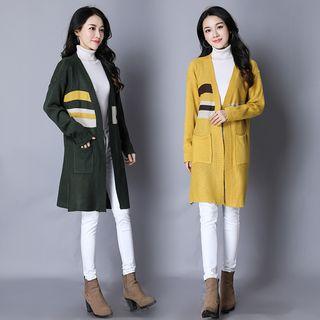 Color Block Open-front Long Knit Jacket