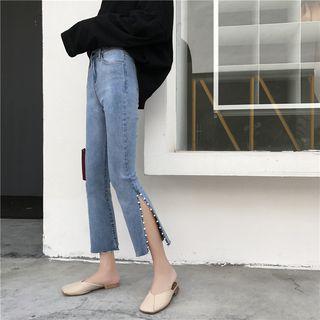 Faux Pearl Slit-side Boot Cut Jeans