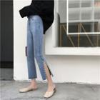 Faux Pearl Slit-side Boot Cut Jeans