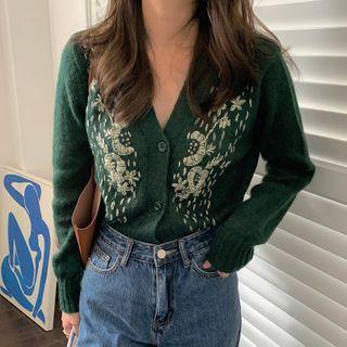 Floral Embroidery Cardigan Green - One Size