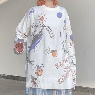 Cartoon Print Round Neck Sweater White - One Size