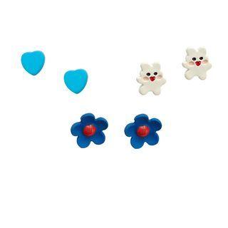 3 Pair Set: Heart / Flower / Bear Alloy Earring Set Of 3 Pairs - White & Blue - One Size