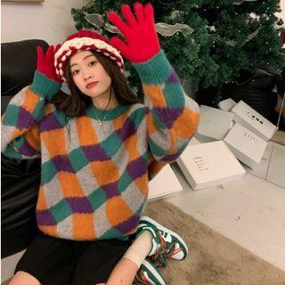 Argyle Color-block Loose-fit Sweater Green & Purple & Gray - One Size