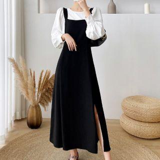 Set: Slit Midi A-line Overall Dress + Blouse