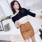 Color Block Sweater / Faux Leather Mini Pencil Skirt / Set