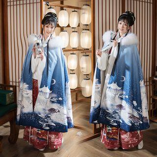 Set: Traditional Chinese Crane Print Hooded Cape + Fluffy Scarf Scarf & Cape - With Lining - Gradient - Blue - One Size
