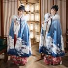 Set: Traditional Chinese Crane Print Hooded Cape + Fluffy Scarf Scarf & Cape - With Lining - Gradient - Blue - One Size