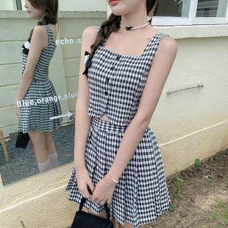Set : Cropped Plaid Camisole Top + High-waist A-line Pleated Skirt As Shown In Figure - One Size