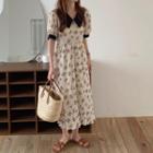 Short-sleeve Floral Midi Dress Almond - One Size