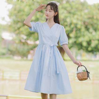 Plain V Neck Short-sleeve Dress