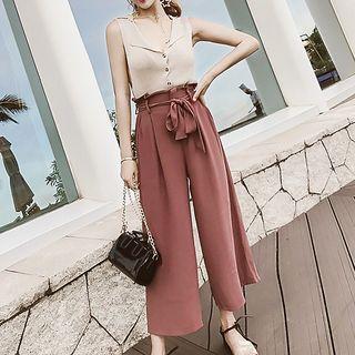 Set: Plain Knit Tank Top + Plain Wide Leg Pants