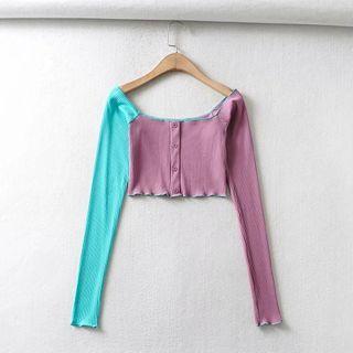 Long-sleeve Off-shoulder Two Tone Crop Top