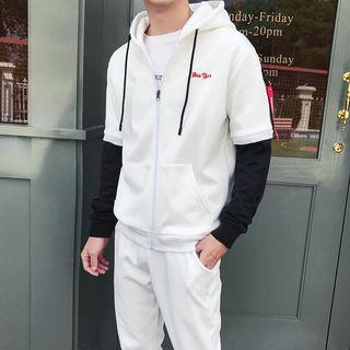 Set: Letter Embroidered Color Panel Hooded Jacket + Jogger Pants