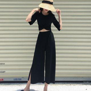 Set: Plain Elbow-sleeve Top + Wide Leg Pants