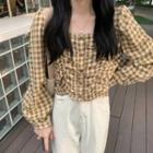 Plaid Square-neck Shirred Cropped Blouse