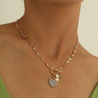 Heart Rhinestone Pendant Faux Pearl Alloy Necklace