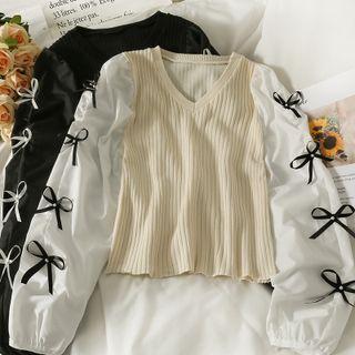 Patchwork Ribbon-accent V-neck Knit Top