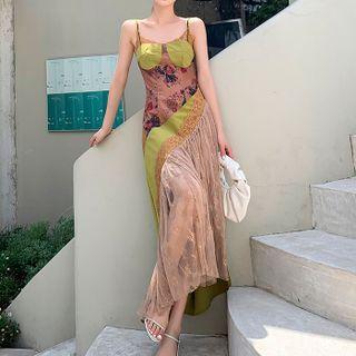 Spaghetti Strap Floral Lace Panel Midi Sheath Dress