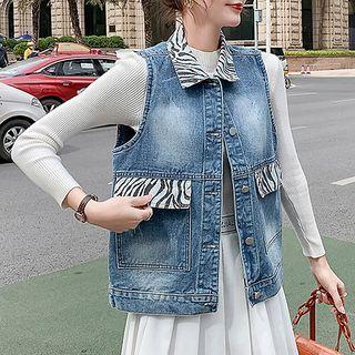 Collared Zebra Print Trim Denim Vest