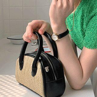 Raffia Panel Bowler Bag