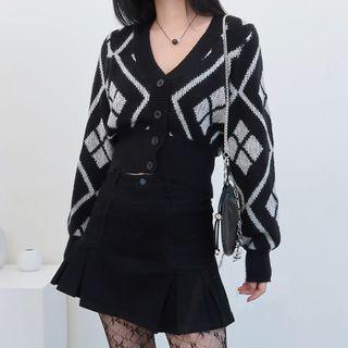 Argyle V Neck Loose Fit Long Sleeve Cardigan