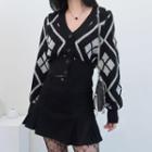 Argyle V Neck Loose Fit Long Sleeve Cardigan