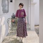 Short-sleeve Pocket T-shirt / Flower Print A-line Midi Skirt