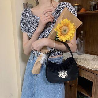 Mesh Trim Flower Print Shoulder Bag Black - One Size