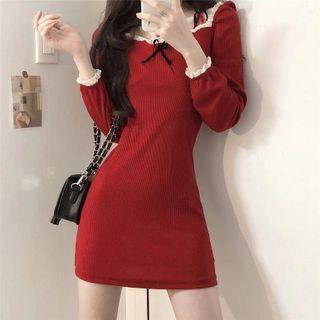 Long-sleeve Off-shoulder Lace Panel Knit Dress