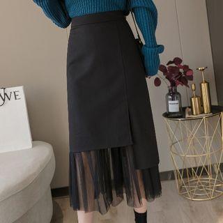 Mesh Panel Midi Fitted Skirt