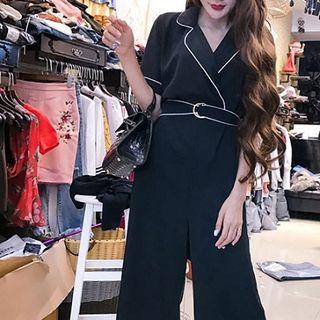 Short-sleeve Contrast Trim Wide-leg Jumpsuit
