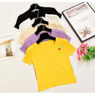 V Collar Embroider Heart Printed Knit Short-sleeved Top