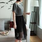 Set: Plain Short Sleeve T-shirt Dress + Pleated Midi Skirt