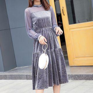Long-sleeve Star Print A-line Velvet Dress