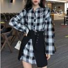 Set: Plaid Shirtdress + Slit A-line Skirt As Shown In Figure - One Size