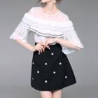 Set: Short-sleeve Ruffle Top + Flower A-line Skirt