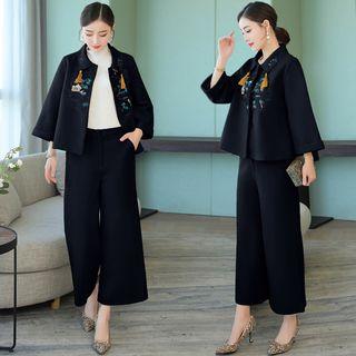 Set: Embroidered Jacket + High-waist Pants
