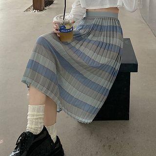 Striped Accordion-pleat A-line Midi Skirt