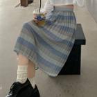 Striped Accordion-pleat A-line Midi Skirt
